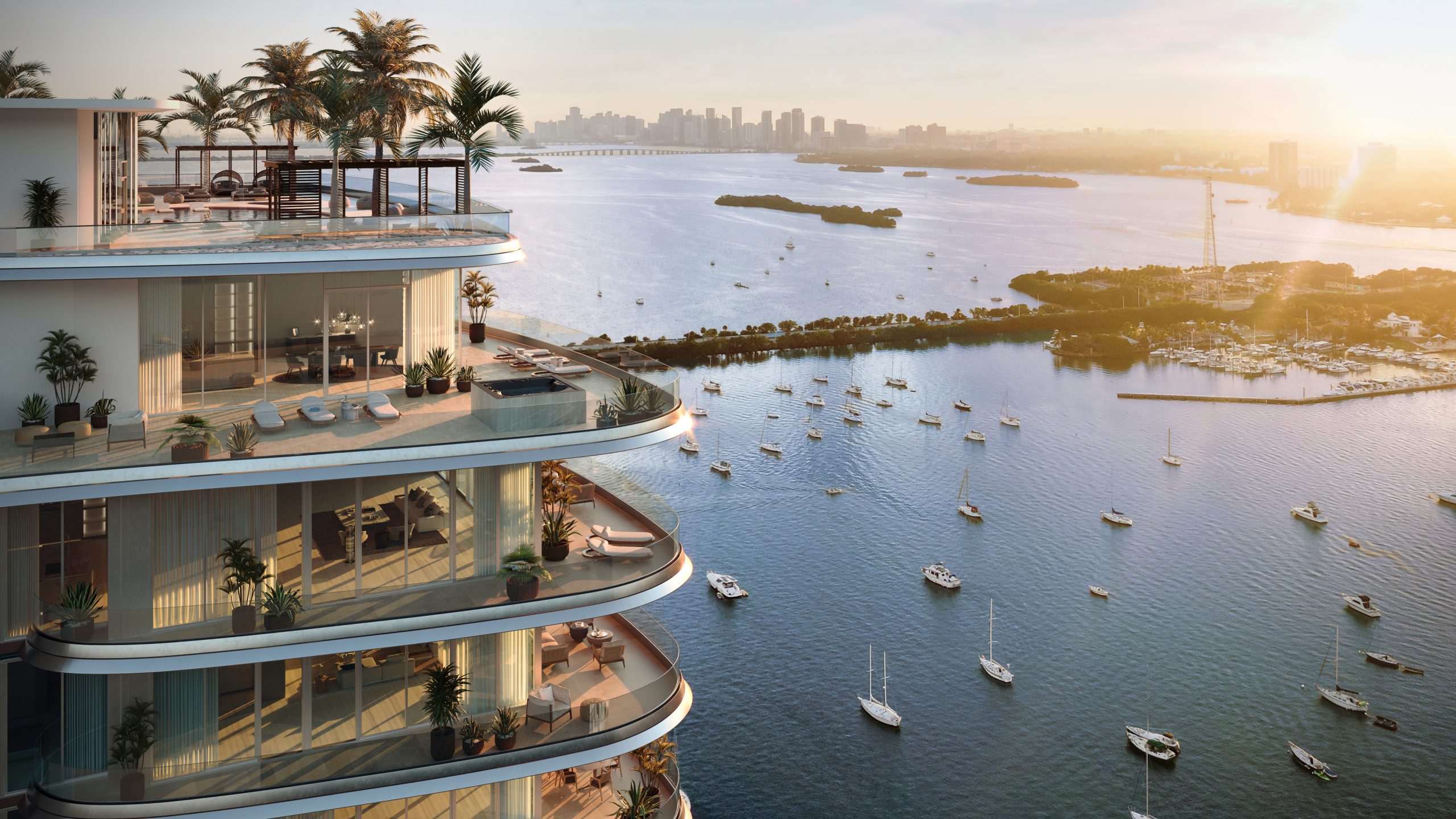 Pagani Residences terraces over Biscayne Bay at dusk