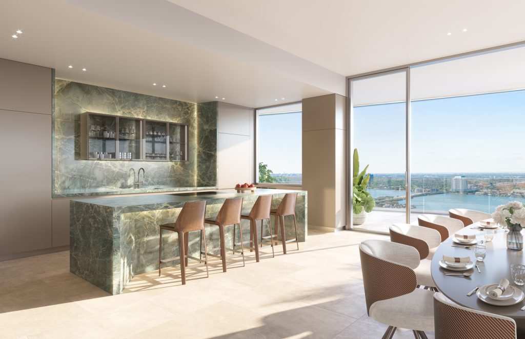 Pagani Residences kitchen with J’adore Emerald quartz countertops, lacquer cabinets and Mirage ceramic tile flooring