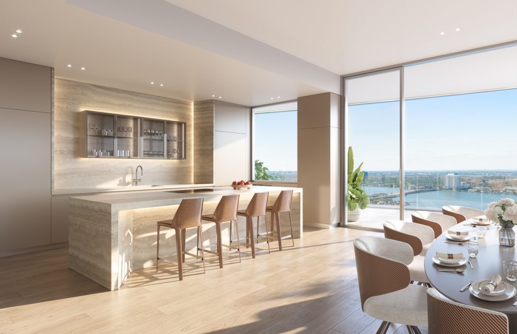 Pagani Residences kitchen with travertine stone countertops, lacquer cabinets and Mont Blanc wood plank flooring